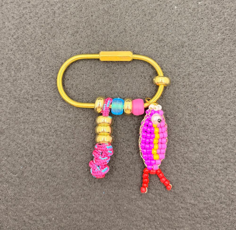 Bag Charm on a Gold Carabiner with beaded fish